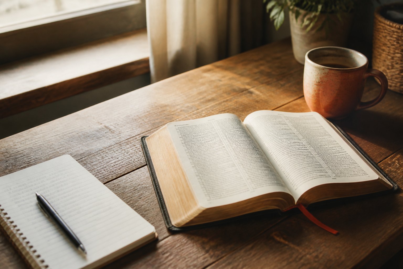 An open Bible, a journal, and coffee on a wooden table